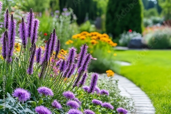 Obraz Beautiful garden displays vibrant purple flowers along stone pathway on a bright summer day
