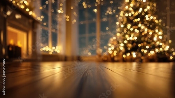 Fototapeta Empowerment through Content Marketing with a Festive Scene of a Warm Christmas Tree and Glowing Fireplace