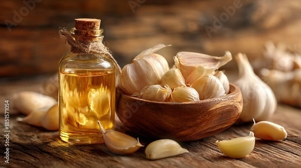 Obraz Garlic and Oil Still Life on Rustic Wooden Table