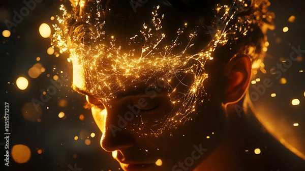 Fototapeta Meta creator with a glowing neural crown and data streams orbiting the head in cinematic detail 