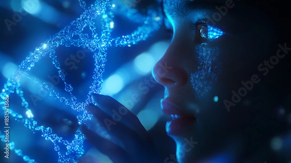 Fototapeta Meta creator interacting with holographic DNA strands, soft fill light highlighting facial features 