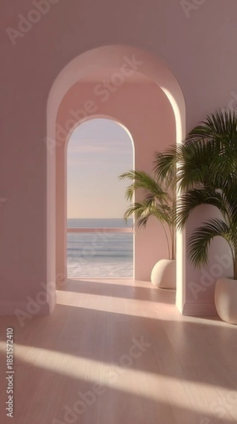 Obraz Pink Arched Doorway with Ocean View and Palm Trees in White Pots