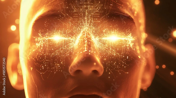 Fototapeta Close-up of a meta creator with glowing facial circuits and ethereal light radiating from the forehead 