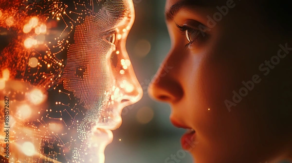 Fototapeta Close-up of a meta creator speaking to an AI hologram, illuminated with warm soft tones and detailed highlights 