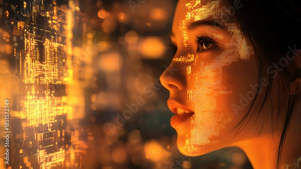 Fototapeta Close-up of a meta creator speaking to an AI hologram, illuminated with warm soft tones and detailed highlights 