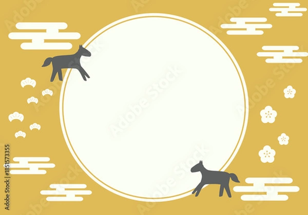 Obraz 午年の年賀状イラスト　和風の丸窓と馬のシルエット