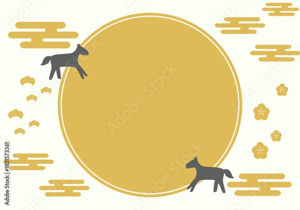 Obraz 午年の年賀状イラスト　和風の丸窓と馬のシルエット