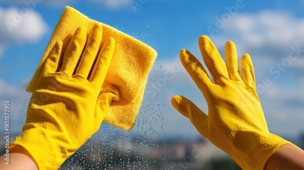 Fototapeta Yellow Gloved Hands Cleaning Window with Sponge and Water in Bright Sunlight