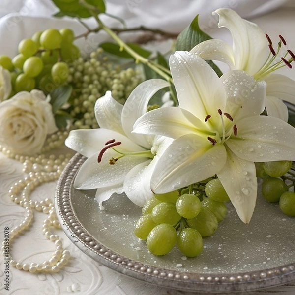 Obraz White lilies and green grapes with raindrops, high clarity, elegant beautiful background