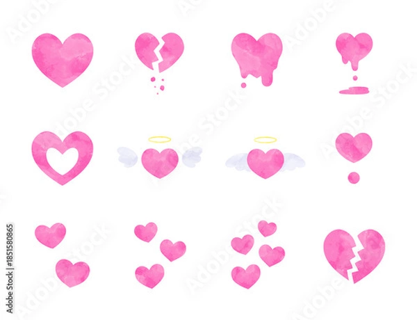 Obraz さまざまなハートのシンプルな手描き水彩イラストセット ピンク