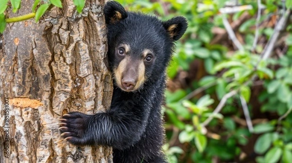 Fototapeta Young Bear Cub Climbing Tree in Natural Forest Setting