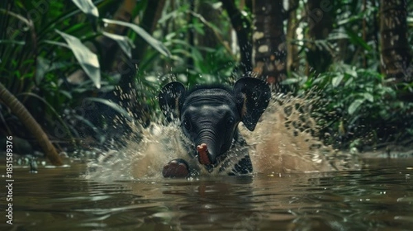 Fototapeta Young Elephant Splashing Water in Dense Jungle Environment