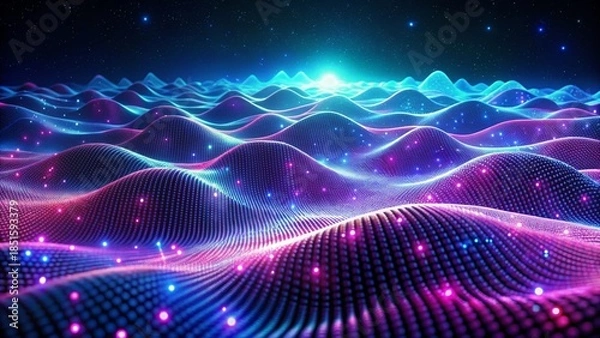 Fototapeta A vibrant digital artwork showcasing wavy, glowing hills with a neon blue and pink gradient. The texture appears like a grid with bright, sparkling dots scattered across the surface.