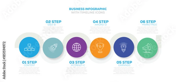 Fototapeta Business data visualization timeline process infographic template design. 6 Step timeline journey. Process diagram, Infographic vector illustration.