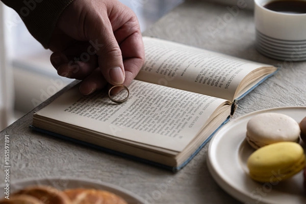 Obraz テーブルの本に置かれる結婚指輪