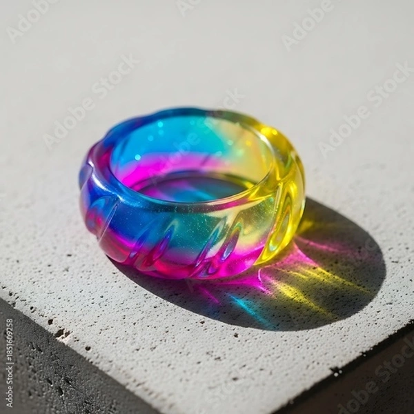 Obraz Translucent Ring with Vibrant Color Gradients Casting Shadow on Stone Surface