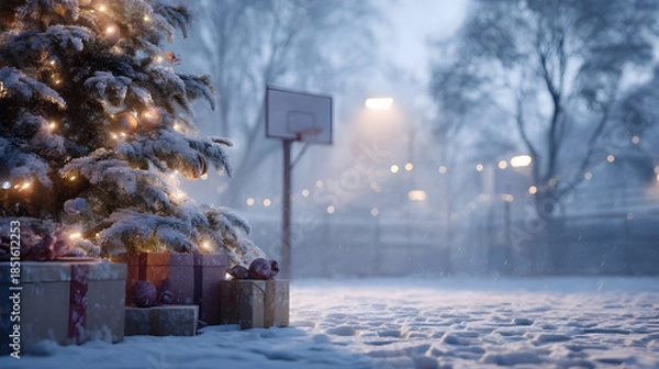 Obraz Christmas tree closeup with gifts on snowy basketball court, basketball hoop in background. Concept of resting basketball sport during Christmas time.