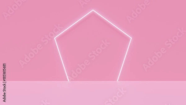 Obraz 五角形のLEDフレームが光るピンクのステージ背景素材。奥行のあるスタジオの部屋のCGイラスト