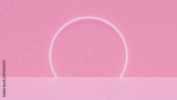 Obraz 円状のLEDフレームが光るピンクのステージ背景素材。奥行のあるスタジオの部屋のCGイラスト