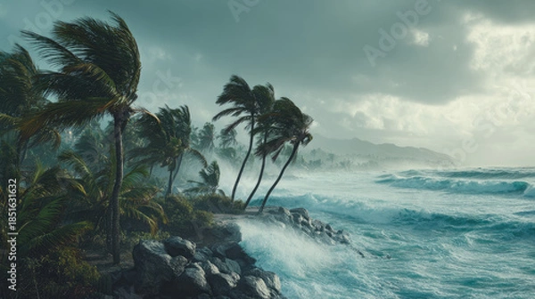Obraz Strong wind hurricane hitting island flood concept. Dramatic seascape with strong winds and crashing waves.