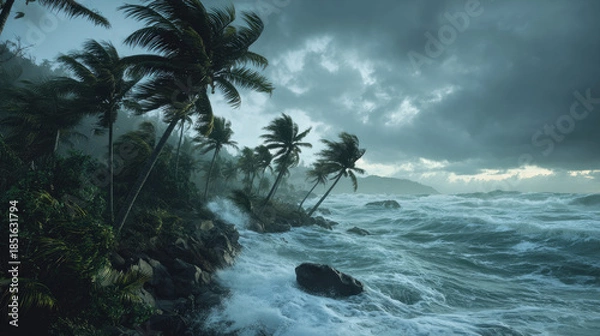 Obraz Strong wind hurricane hitting island flood concept. Fierce waves crash against rocky shoreline under stormy skies.