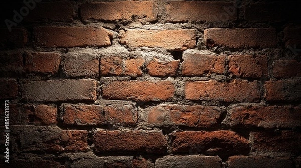 Obraz Rustic charm of an aged red brick wall illuminated by a dramatic spotlight