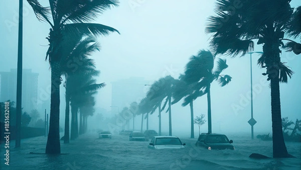 Obraz Flooded streets on tropical island post hurricane concept. Heavy rain and flooding with palm trees swaying in strong winds.