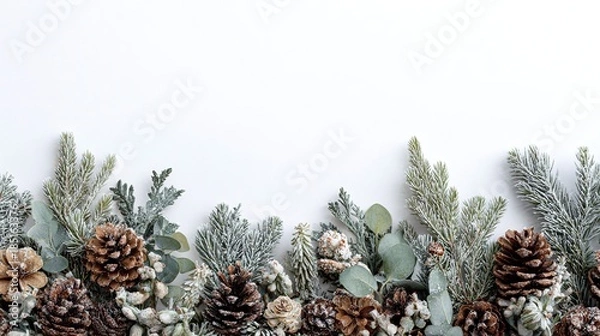 Obraz Festive winter composition with snowy pine branches, eucalyptus, and rustic pinecones