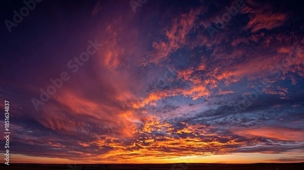 Obraz A breathtaking display of fiery orange and deep purple clouds at sunset over a vast landscape