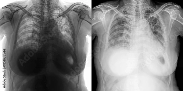 Obraz Chest Pa View X-Ray Showing Lung Fields and Disease Manifestations Related to Pulmonary Anthrax Isolated on Transparent Background for Radiological Illustration