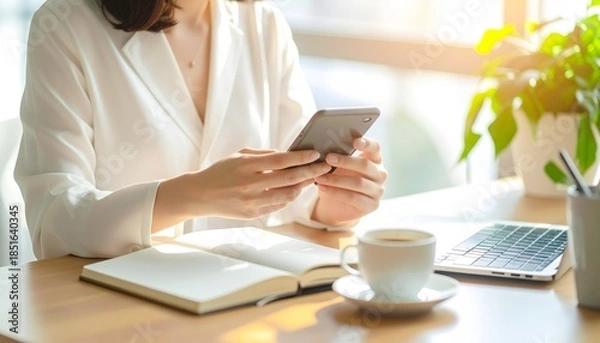 Obraz デスクでスマートフォンを操作する仕事中の手元