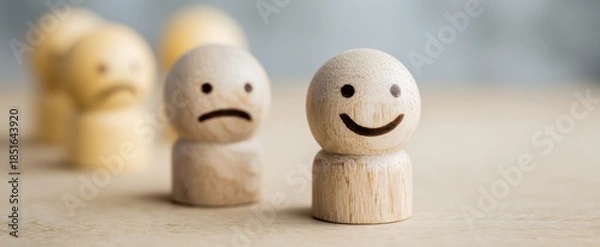 Fototapeta The wooden smiley face figure standing in front of blurred sad figures
