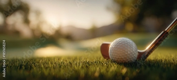 Obraz The Golf Ball and Iron Club on Dewy Grass at Golden Sunrise
