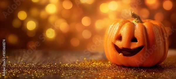 Obraz The Pumpkin Jackolantern Glowing with Glitter and Bokeh Lights on Rustic Table