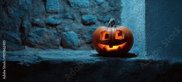 Obraz The Pumpkin Jack-o'-lantern Glowing on Stone Ledge in Moody Blue Light