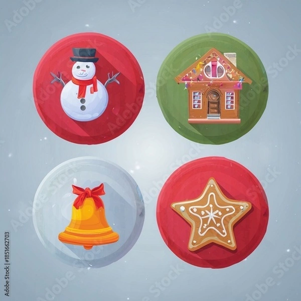 Fototapeta Christmas holiday icon set featuring festive winter elements such as candy cane, snowman, gift box, bell, star, gingerbread, ornaments and decorations.