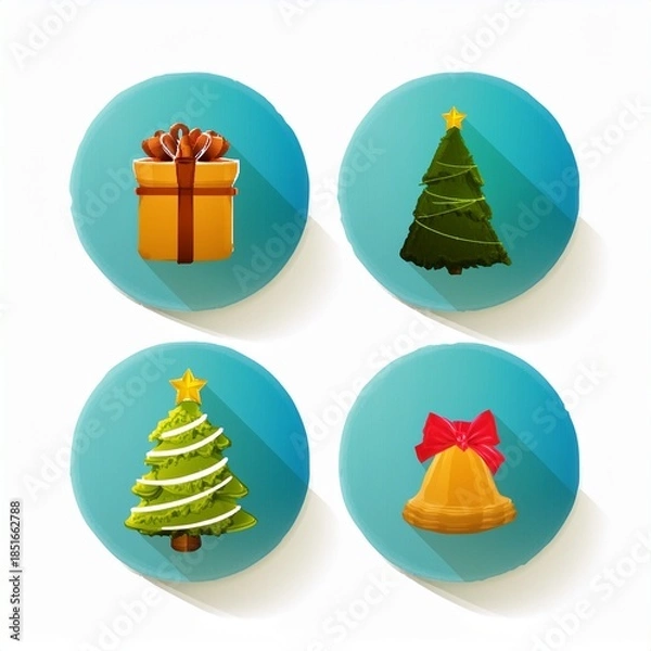 Fototapeta Christmas holiday icon set featuring festive winter elements such as candy cane, snowman, gift box, bell, star, gingerbread, ornaments and decorations.