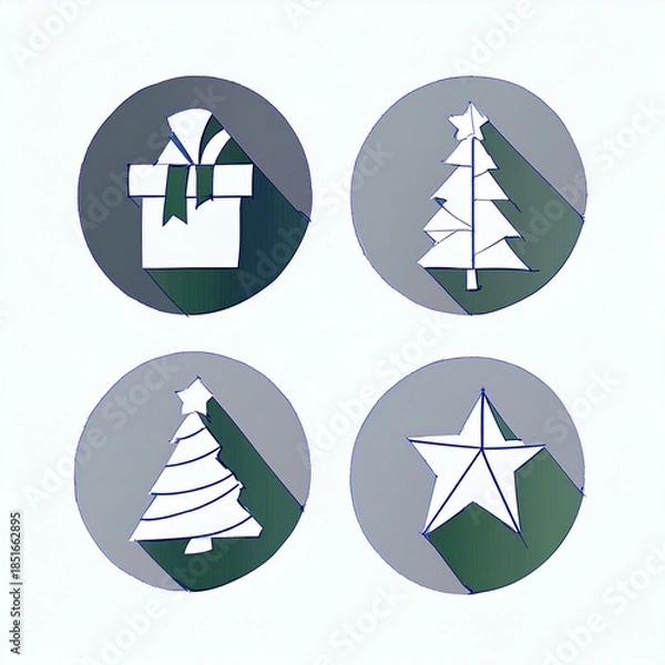 Fototapeta Christmas holiday icon set featuring festive winter elements such as candy cane, snowman, gift box, bell, star, gingerbread, ornaments and decorations.