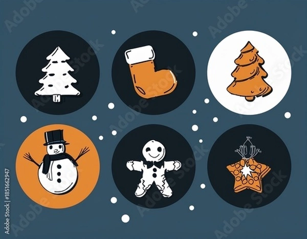 Fototapeta Christmas holiday icon set featuring festive winter elements such as candy cane, snowman, gift box, bell, star, gingerbread, ornaments and decorations.