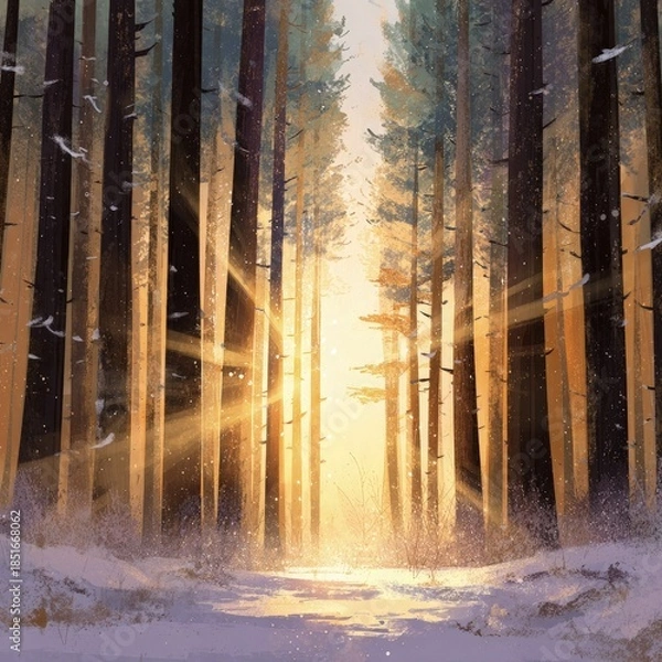 Obraz Sunlit Pine Forest with Dramatic Golden Light