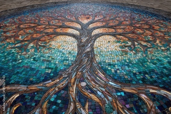 Fototapeta Mosaic art of a tree design with colorful patterns in an outdoor setting during daylight