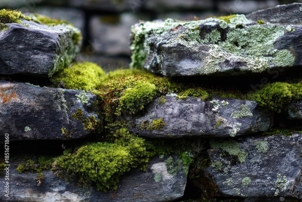 Fototapeta Moss and lichen grow on stones in a wet environment during springtime