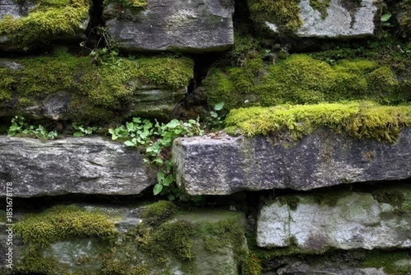 Fototapeta Moss and plants grow on a stone wall in a garden during the daytime