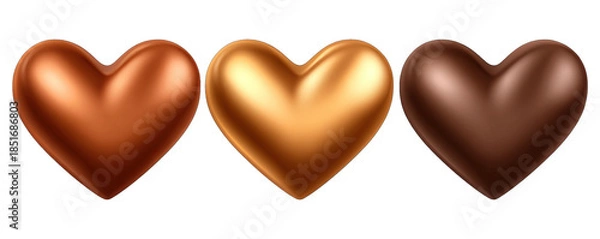 Fototapeta Three chocolate hearts in different shades on a white background