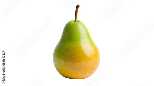 Fototapeta Single green and yellow pear with stem isolated on transparent background for graphic design projects and healthy eating concepts