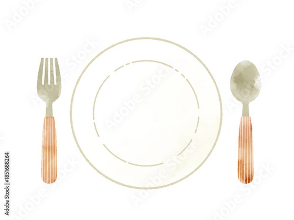 Obraz 皿とフォークとスプーン-水彩