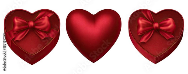 Fototapeta Three red heart-shaped objects, two gift boxes with bows, and a plain heart on a white background