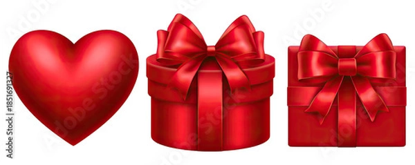 Fototapeta A red heart and gift boxes with bows on a white background