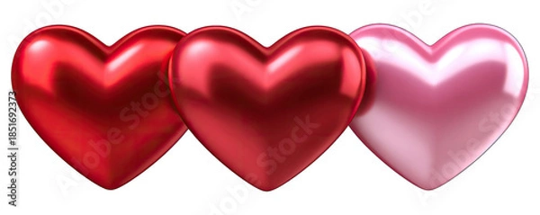 Fototapeta Three shiny hearts in a row on a white background