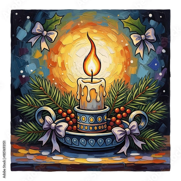 Fototapeta A candlelit festive scene with holly and berries surrounding a decorative candle holder in a winter wonderland setting viewed from the front